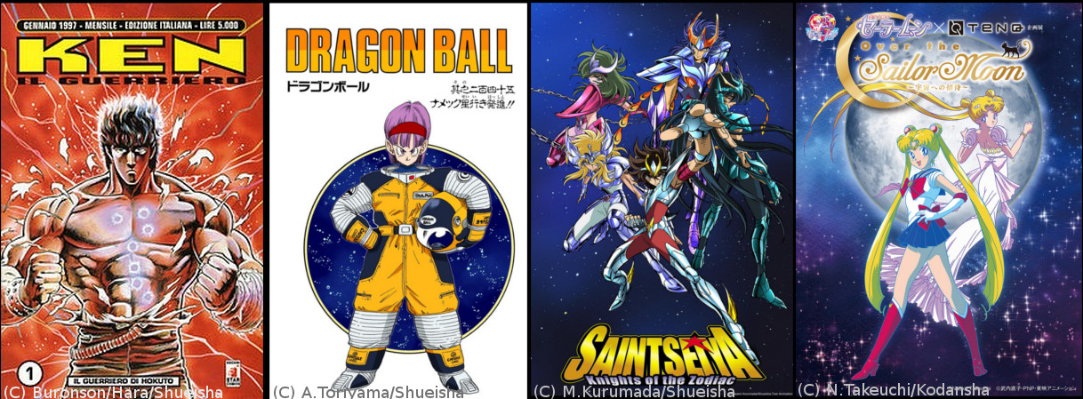 Carrellata di copertine di manga e anime: Ken in guerriero, Dragon Ball, I cavalieri dello zodiaco (Saint Seiya) e Sailor Moon